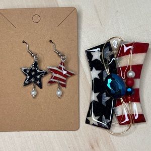 American Flag earrings, pendant and brooch. Pendant and brooch is in one